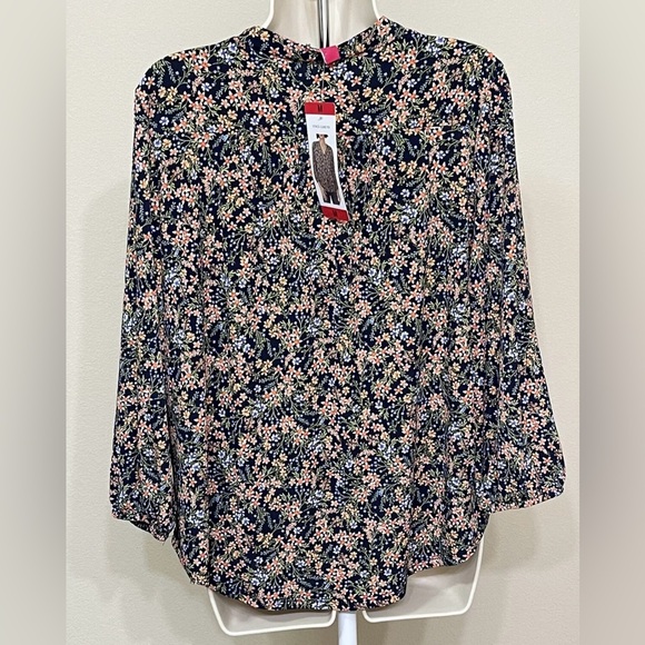 Vince Camuto Women’s Navy Blue Floral Print 3/4 Sleeve V-Neck Relaxed Blouse s M - Picture 5 of 11